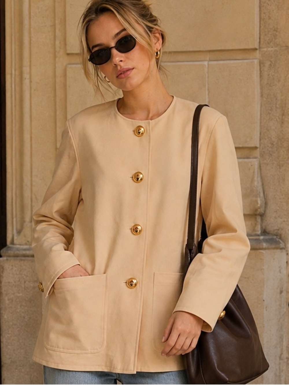 Valentino Cream Round-Neck Jacket with Gold Buttons